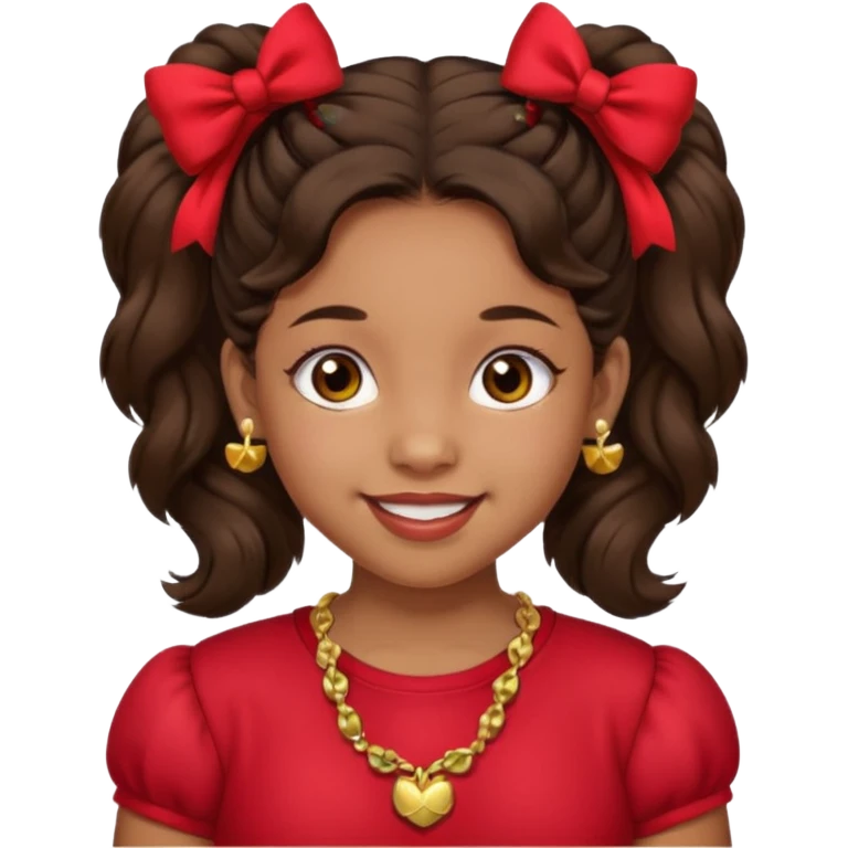 Brownskin girl dark brown hair fluffy. pigtails with red bows brown eyes smiling closed mouth red shirt gold esrrings gold necklace emoji