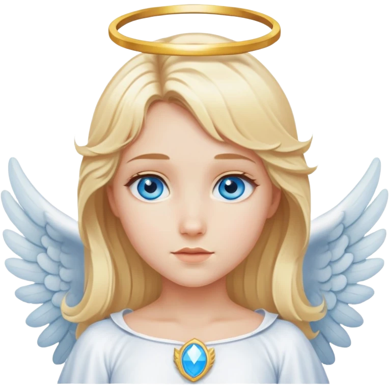 Uma menina loira de olhos azuis vestida de anjo emoji