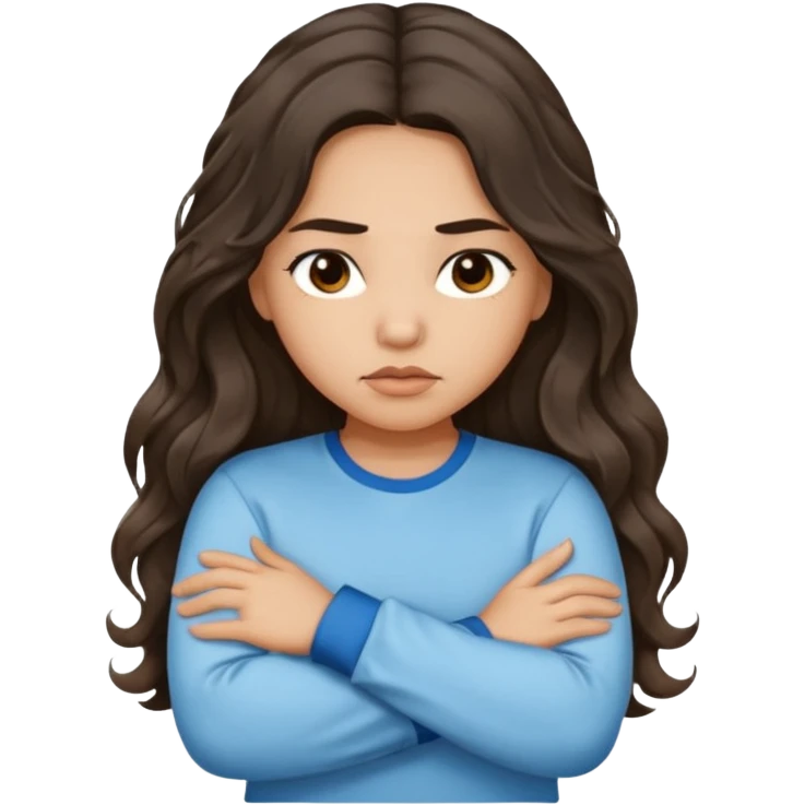 Hispanic light tan girl with long dark wavy hair pouting and arms crossed. Wearing a long sleeve. Hair with middle part. emoji