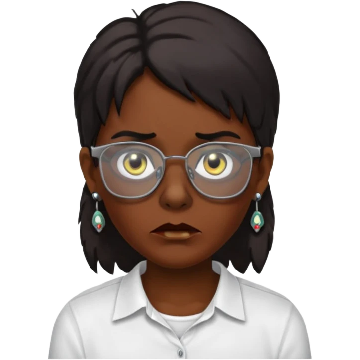 A zombie wearing a white shirt, dark skin, medium-length dark hair, earrings, and glasses, on a white background, facing forward. emoji