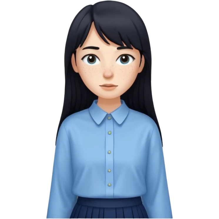 hair : black long hair with fringe 
skin : light with freckelt
cloth : oversize light blue shirt + navy long long skirt 
 emoji