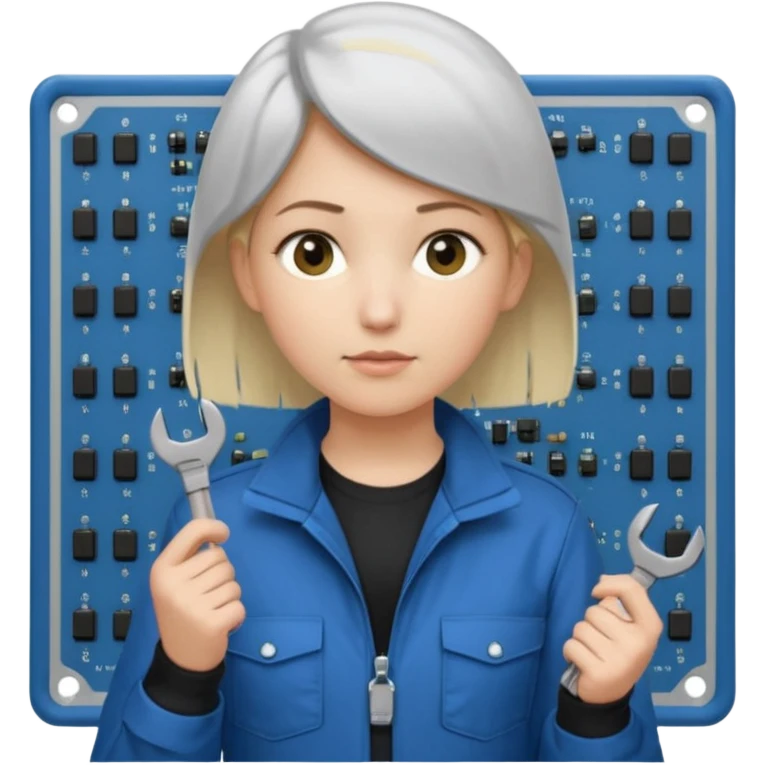 Calm and independent female engineer, fair skin, short straight blonde hair tucked behind the ears, neutral but focused expression, wearing a fitted blue utility jacket over a black crew-neck top, holding a small wrench in one hand and a circuit board in the other, waist-up, front-facing emoji