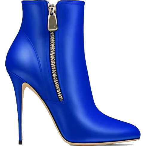 Realistic isolated top view of a pair of cobalt blue Jimmy Choo stiletto zippered ankle boots.  emoji