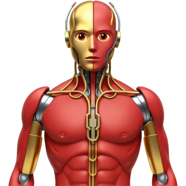 3D render of Neural Link, futuristic cyborg aesthetic, fusion of organic skin and chrome metal, gold brass valves mixed with red muscle tissue, exposed wiring, emoji style, isolated on white background --v 6.0. emoji