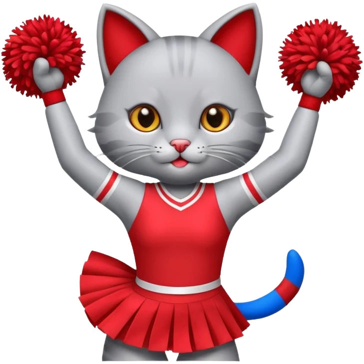 A cute sleek grey cat cheerleader twirling pom-poms with confident energy. emoji