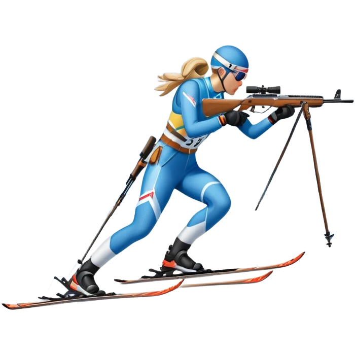 An icon featuring snow-covered trees, distant mountains, and a clear blue sky with a biathlete in motion, holding a rifle and skiing across a snowy course. Transparent background highlights the precision, endurance, and excitement of biathlon. emoji