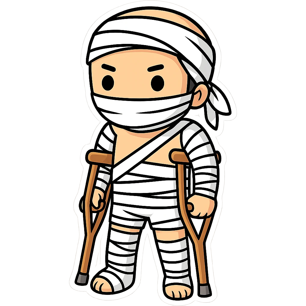 Add crutches and show more bandages on the injured man in the style of cartoonish stickers. Keep the sticker style with no background. emoji