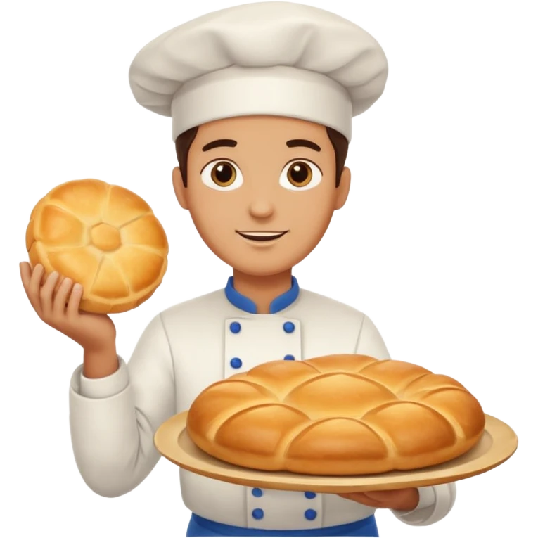 baker holding tray with big bread emoji