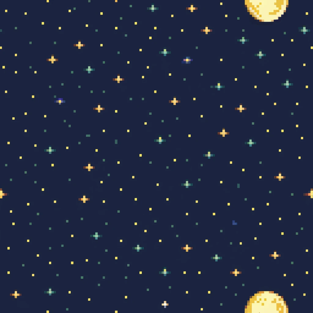Pixel art starry night sky with twinkling stars and moon emoji