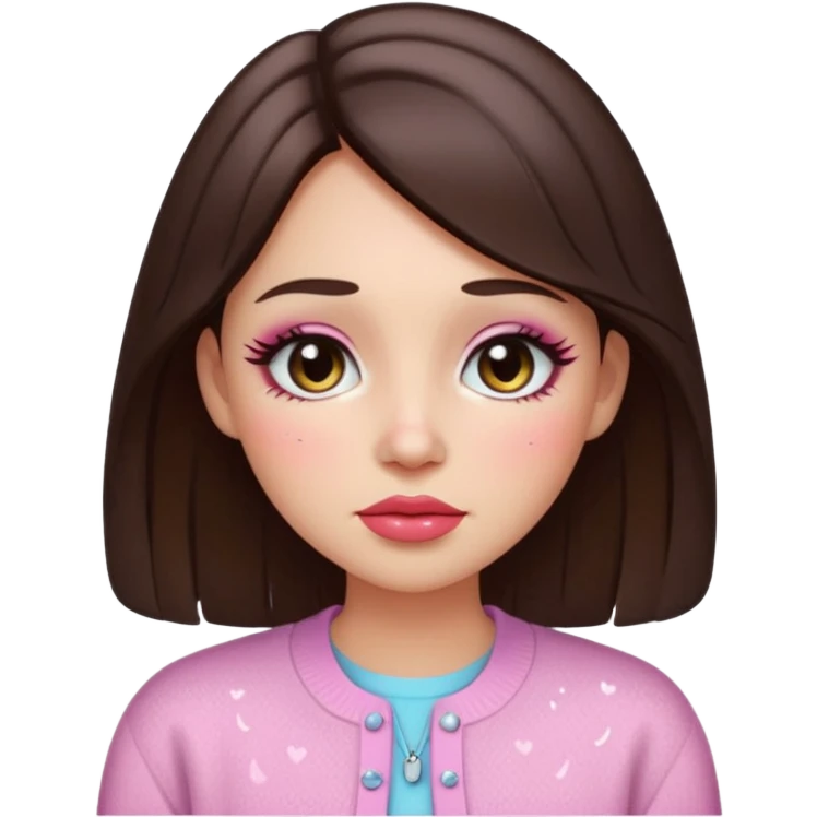 “Emoji brunette girl, dewy skin, heavy blush across cheeks and nose bridge, glossy cherry lips, soft eyeliner, teary sparkling eyes, pastel cardigan.” emoji