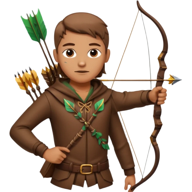 The classic hunter figure with a bow and arrow on his back, dressed in brown clothes and adorned with animal decorations emoji