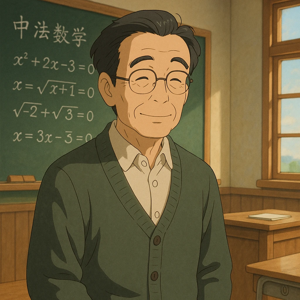 ghibli style Chinese math teacher with gentle expression in a classroom background emoji