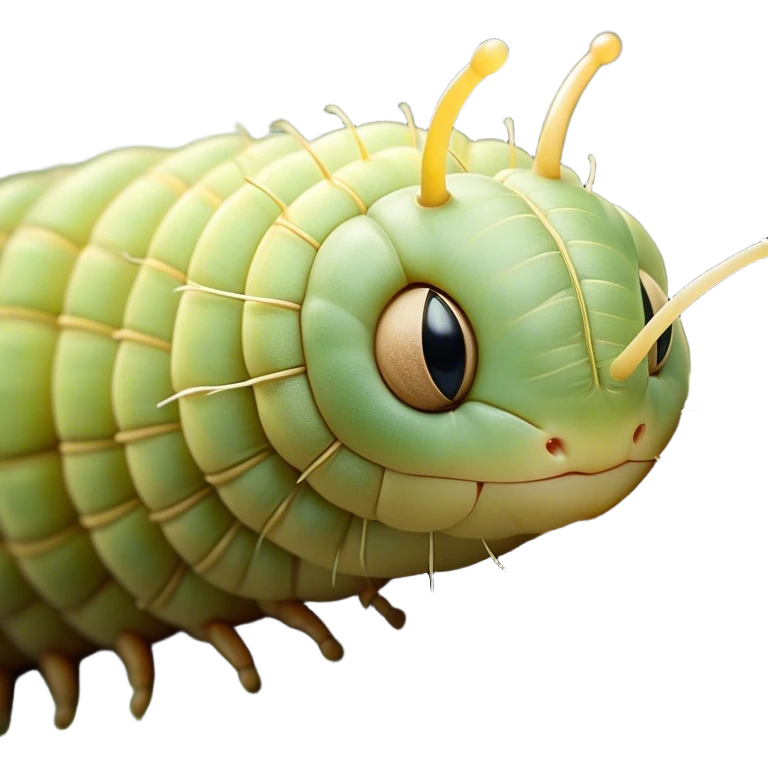 Beautiful and Majestic Caterpillar Portrait Emoji, Head and body rendered in serene repose with a gentle, content smile, showcasing a delicately segmented form with softly textured hues and eyes peacefully closed in tranquil slumber, Simplified yet exquisitely endearing features, highly detailed, glowing with a soft, drowsy natural light, high shine, relaxed and utterly noble, stylized with an air of graceful metamorphosis, soft glowing outline, capturing the essence of a beautiful and majestic caterpillar that embodies the quiet promise of transformation! emoji