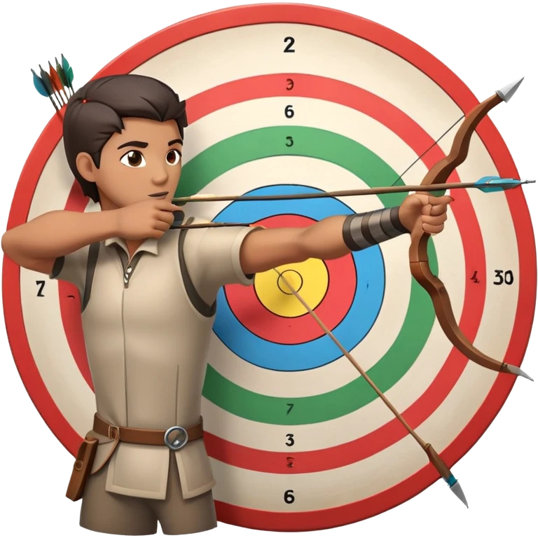 An archer drawing a bow and aiming an arrow at a target, with perfect focus and precision. The target is visible in the background, featuring concentric rings. The scene captures the concentration and skill involved in archery, emphasizing the elegance and accuracy of the sport. emoji