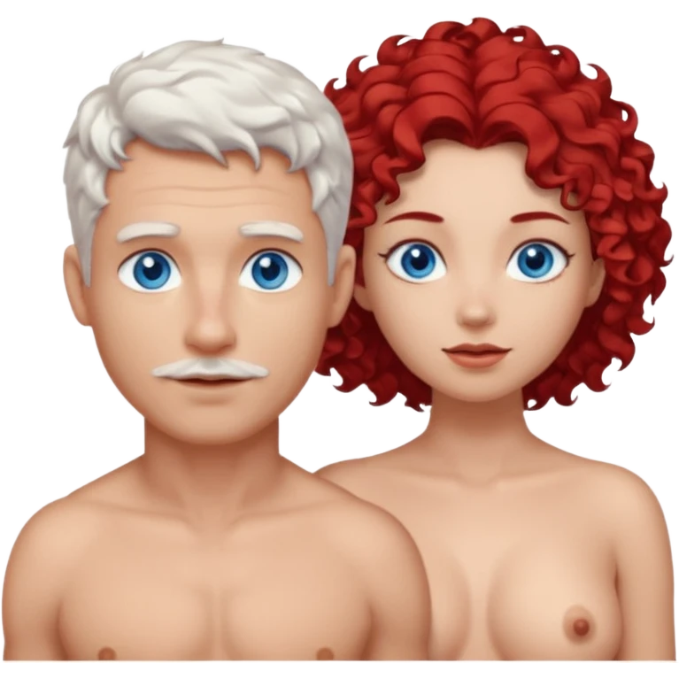 Homme nu cheveux blanc courts, yeux bleu mal rasé + femme nu gros seins rousse cheveux longs bouclés yeux bleu emoji