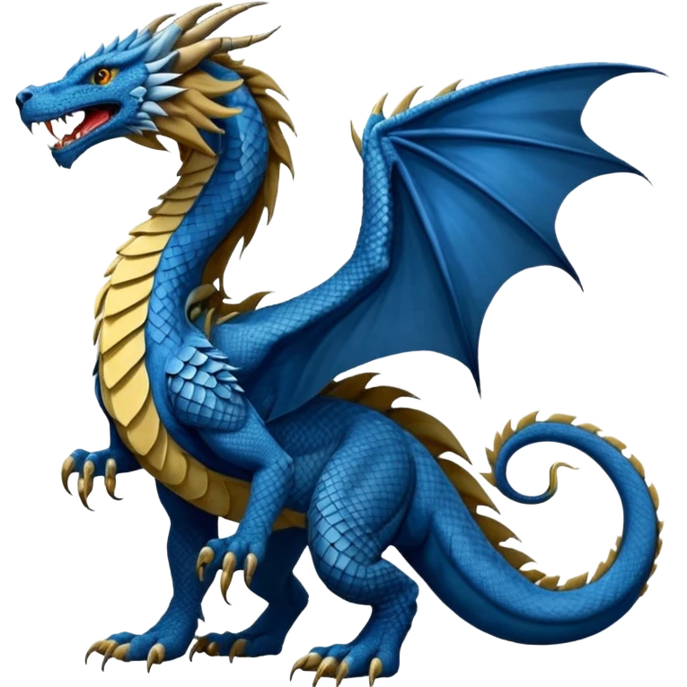 Mušḫuššu, long scaled dragon-serpent body, blue or turquoise, lion-like mane, strong lion forelegs with feline paws, bird-like eagle talons hind legs, long neck, dragon head with horn or crest, lizard tail, snake tongue, no wings, ancient, regal, terrifying emoji