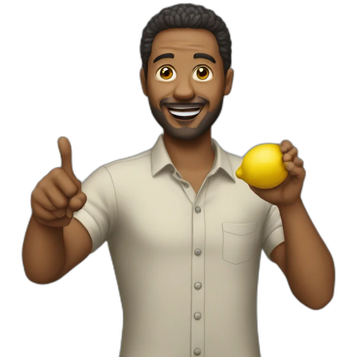 a man pointing with a lemon in his hand without laughing emoji