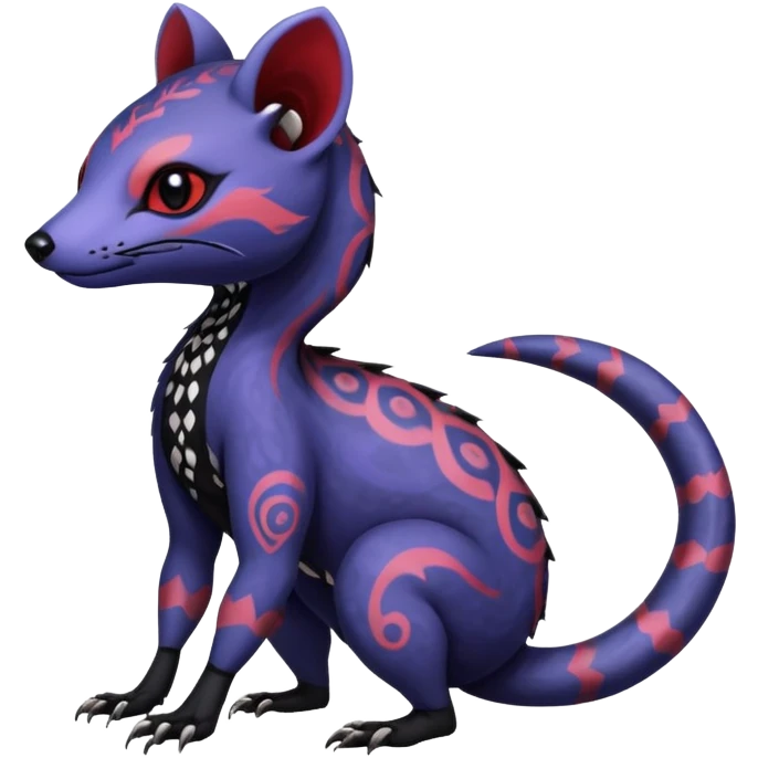 Rare warm-colored exotic gloomy tropical edgy cute epic aesthetic spooky indigo violet white black red gothic colorful Salandit-Noibat-Civet-species-Fakemon-hybrid-creature, with tribal tattoo markings, full body emoji