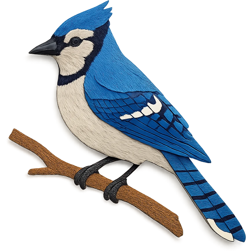 very detailed blue jay perched on a tree branch, intricate cut paper textures, vibrant blue and white feathers emoji