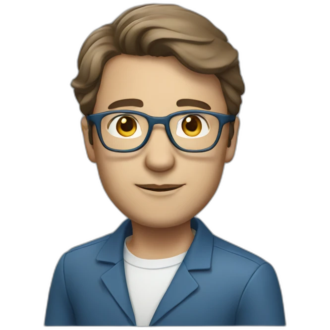 White consultant, brown hair, square glasses, blue-gray costume emoji