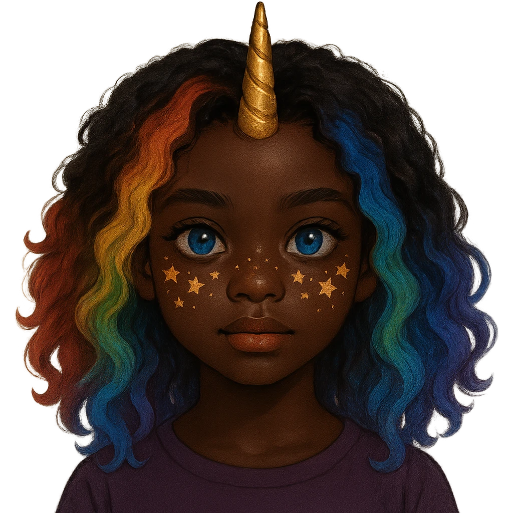 a dark-skinned girl with rainbow hair, blue eyes, a golden unicorn horn, and freckles shaped like stars emoji