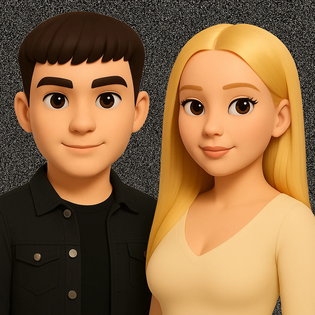 Slightly increase the volume of the upper body of the girl, separate the girl and the boy from each other, and make the skin color the same for both characters. Maintain the cartoonish 3D style as in the reference image. emoji