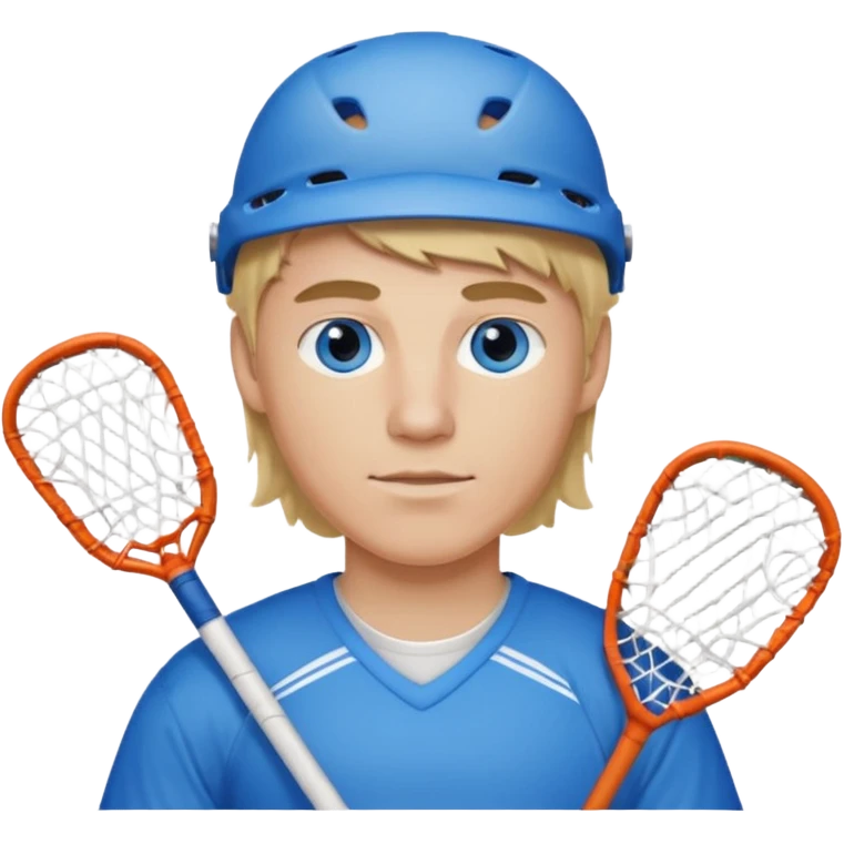 Blonde white with blue eyes lacrosse guy holding one lacrosse stick wearing blue and white gear  emoji