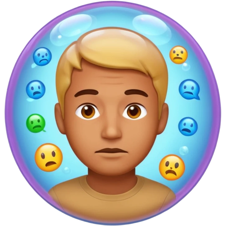 Realistic emoji-style man trapped inside a glowing filter bubble. The bubble contains identical social media icons and repeating content symbols. Outside the bubble are colorful diverse icons he cannot see. The man looks comfortable but unaware, expressing narrow perspective. emoji