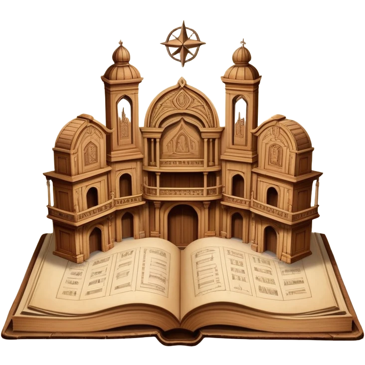 Ancient book with pages open wide displaying multiple theatrical set sketches, perspective drawings of stage designs, backdrop illustrations with Puerto Rican symbols integrated, wooden cover edges emoji