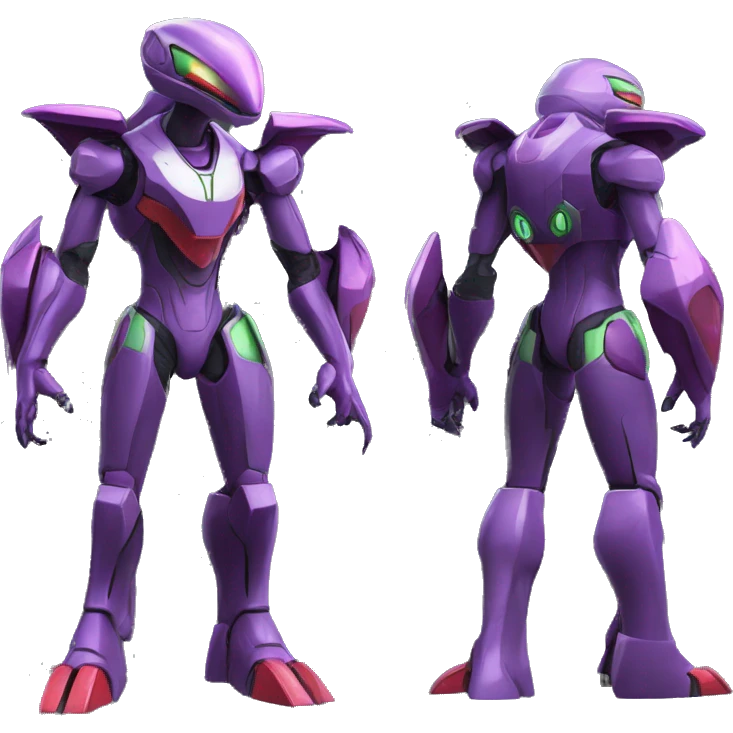 a shiny purple-green-red Genesect-Raptor-Fakémon—hybrid with a futuristic visor-helmet full body emoji