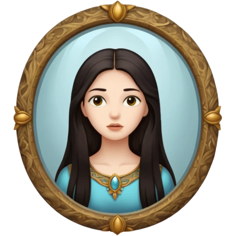 Woman facing ancient mirror, reflection slightly delayed and darker emoji