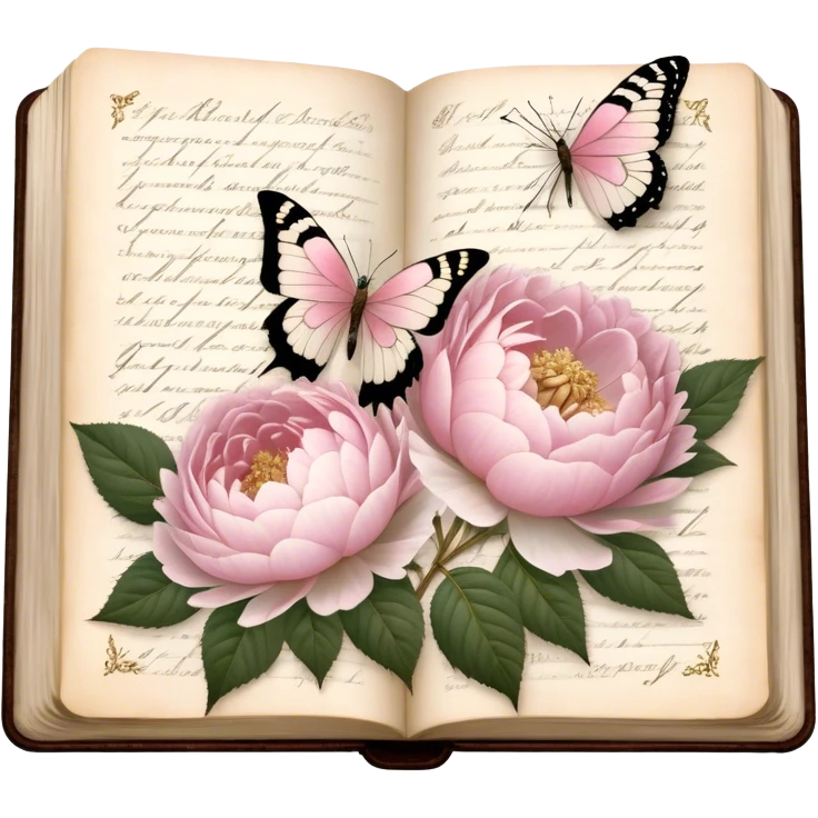 An aged botanical journal, its golden-edged pages filled with delicate pressed pink roses, white peonies, and blush dahlias, as a pearl butterfly delicately rests on the handwritten notes.
 emoji
