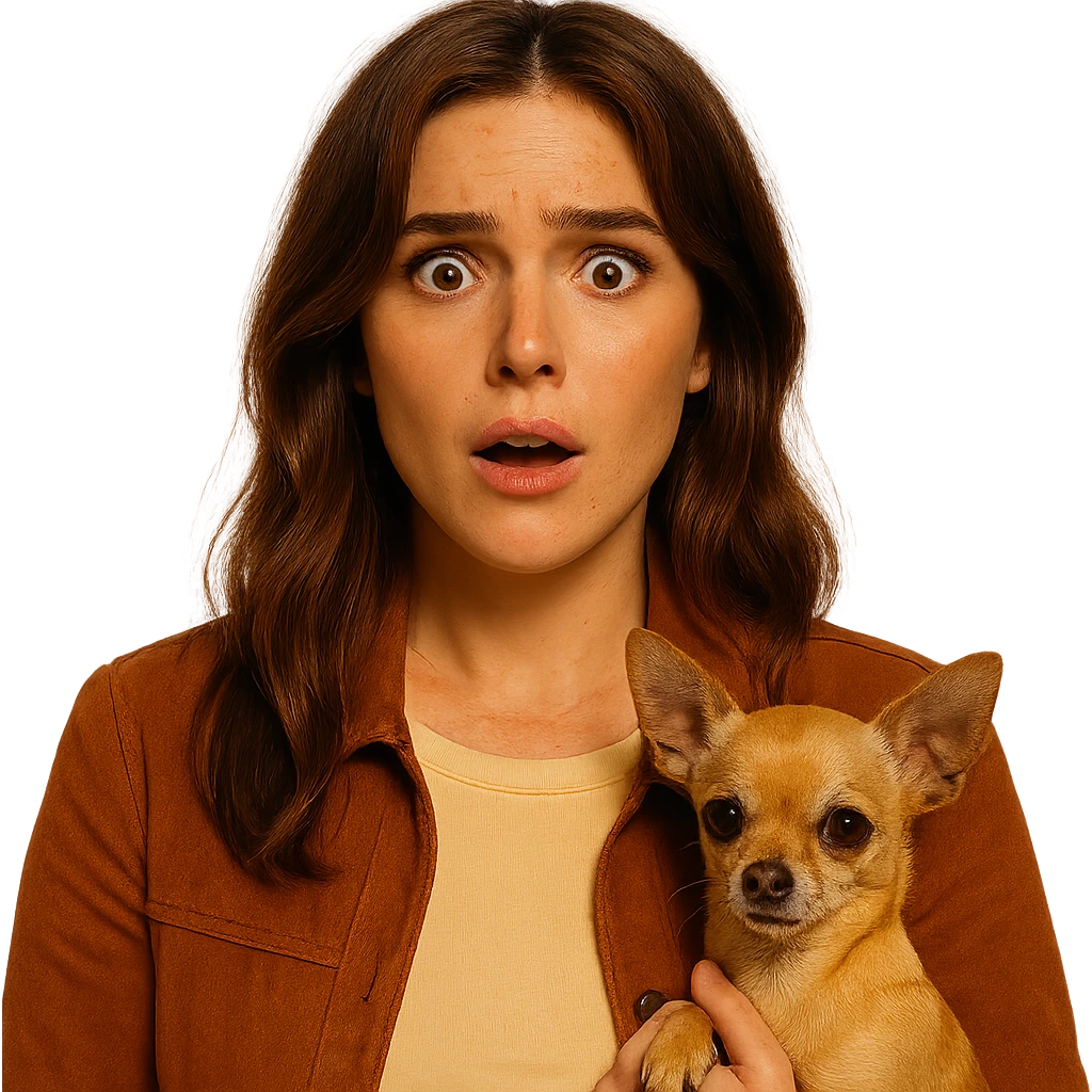 Centered portrait for Instagram profile picture inspired by the facial features visible in the reference images. Tanned complexion with subtle freckles, wearing a shirt colored #FFF8CA and a rust-colored jacket. Medium-length brown hair with auburn highlights. Expression is shocked and amused. Holding a beige-brown chihuahua. Style inspired by a Netflix series, intimate Tenerife ambiance, transparent background. emoji