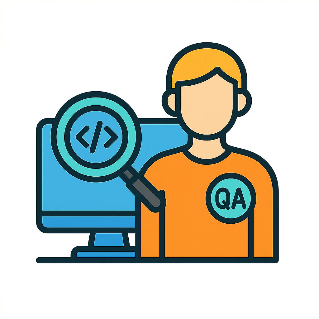 QA engineer at a computer with magnifying glass inspecting code emoji
