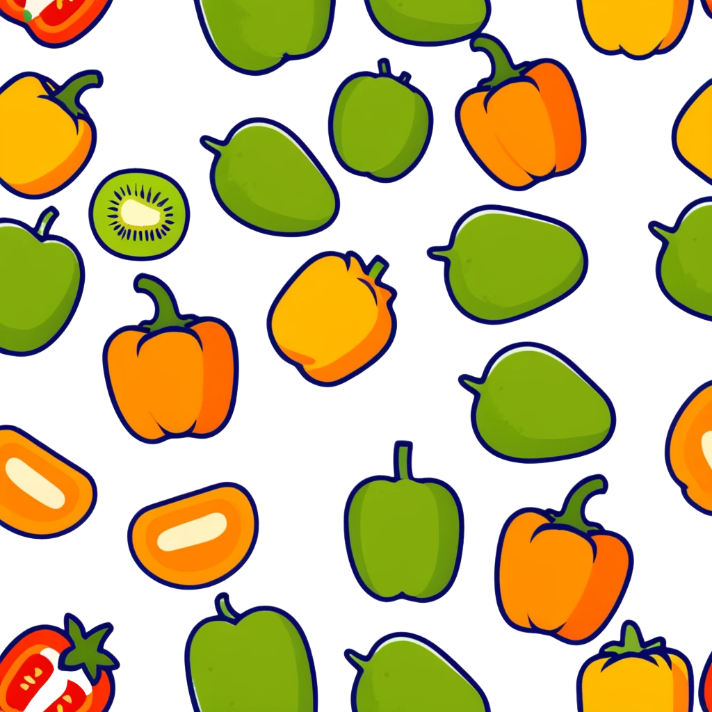 Various vitamin C rich foods: orange, kiwi, strawberry, bell pepper emoji