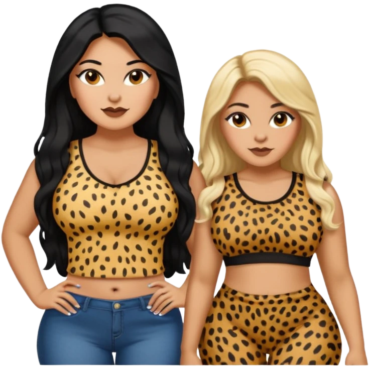 Tan Latina woman with long black hair chubby and black dark skinned woman with long blonde hair slim thick in cheetah top sexy emoji