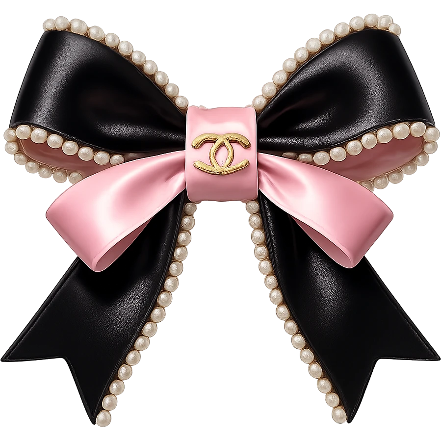 heart only the elegant bow with pearls and gold Chanel logo, glossy, pastel colors, realistic style, with no background. black pink,  emoji