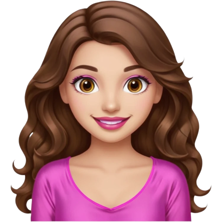 girl with long wavy brown hair, brown eyes, long lashes makeup, sexy pink lips, light to medium complexion, wearing a pink sexy silk top, smiling emoji