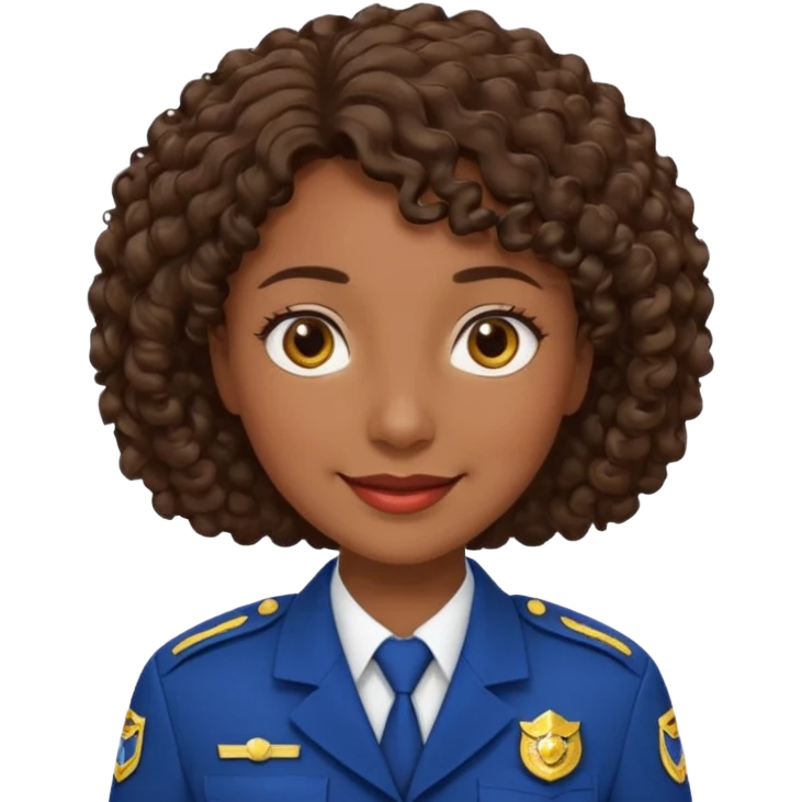 Middle-aged Female: dark skin, wearing uniform, approachable face, curly short brown hair emoji