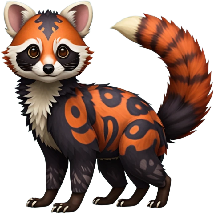 A beaked beaky 4-legged, feral, digitigrade, lanky, elegant, Colorful exotic tropical tribal cute happy realistic esoteric patterned fluffy furry dark civet-cacomistle-genet-red-panda-oncilla-Fakémon-fursona-hybrid-fusion-animal-creature, full body, 4-legged emoji