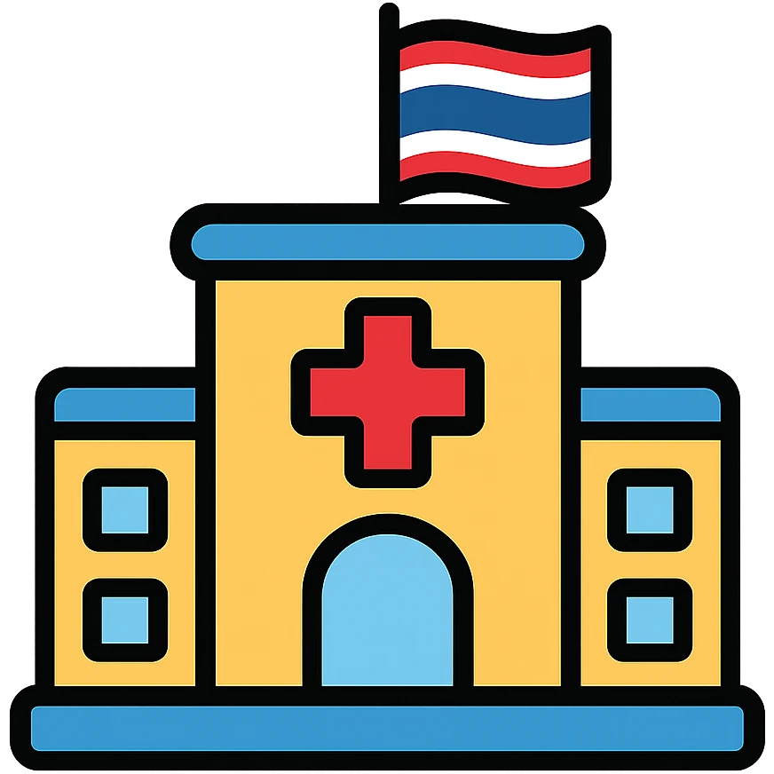 Hospital building with Thai flag prominently displayed, red cross medical symbol, colored outlines emoji