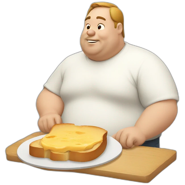 a fat man eating a slice of bread with a white sauce emoji