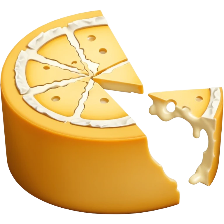 small circular Coulommiers cheese wheel with white velvety bloomy rind and creamy pale yellow interior, neat wedge cut out showing gooey edge and smooth texture, soft lighting, subtle shadows, transparent background, emoji scale emoji