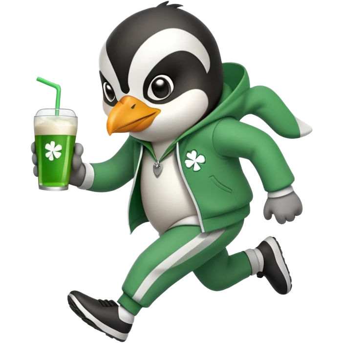 full body friendly anthropomorphised penguin wearing green mafia-style tracksuit, angry, running determined sprint, shamrock accessory, no drink emoji