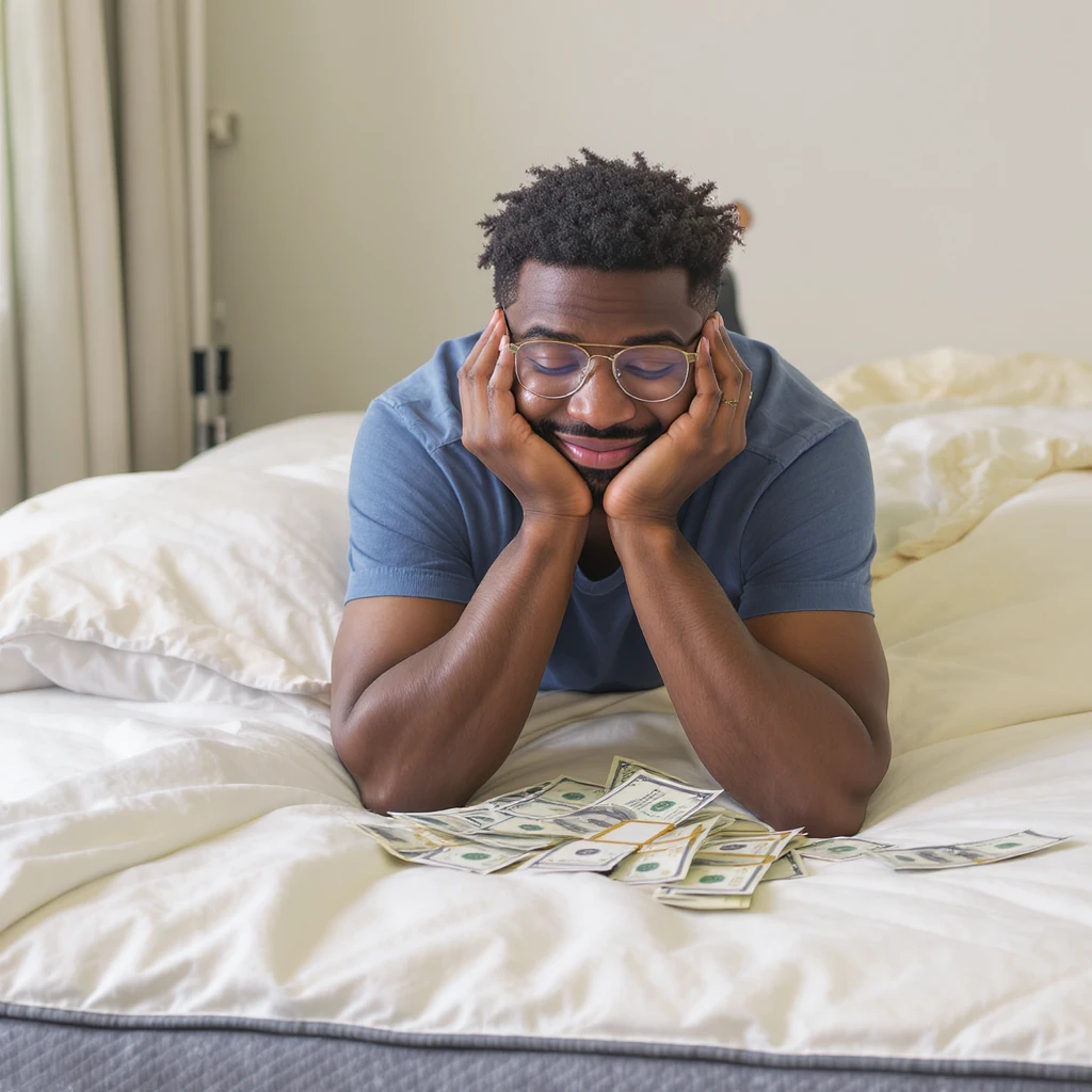 happy person napping on mattress of money emoji