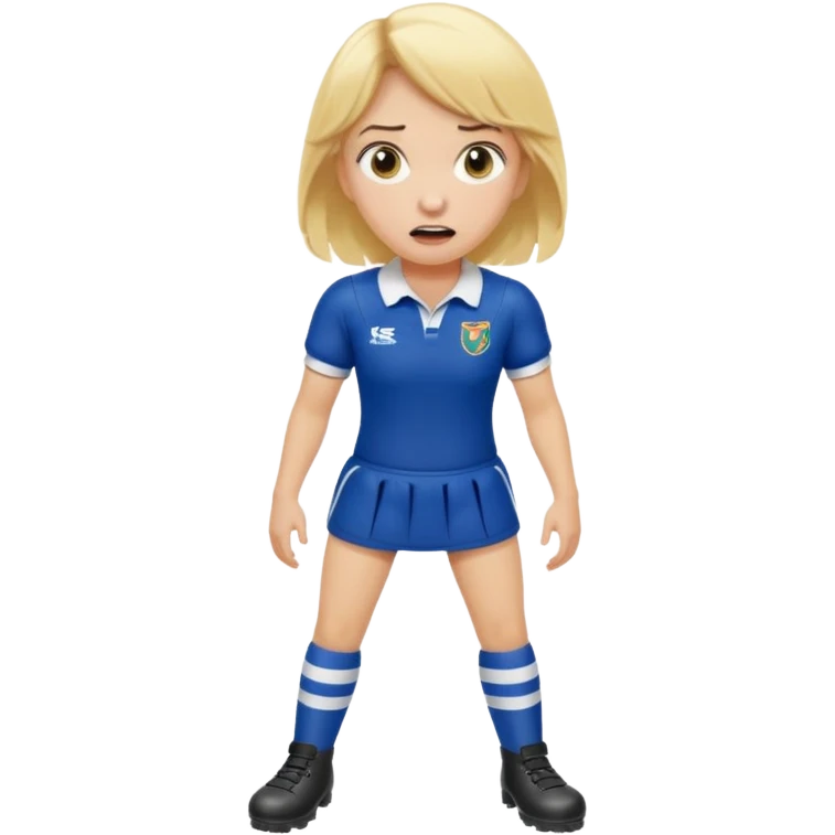chica rubia con cara de miedo vestida con equipación de rugby con unas botas inflables emoji