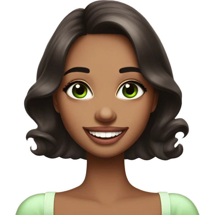 beautiful girl with high cheek bones orange blush, long straight shiny dark brown hair, big green eyes and big pale pink lips. Long thick eyelashes. Wearing a cream bustier.  She is laughing emoji