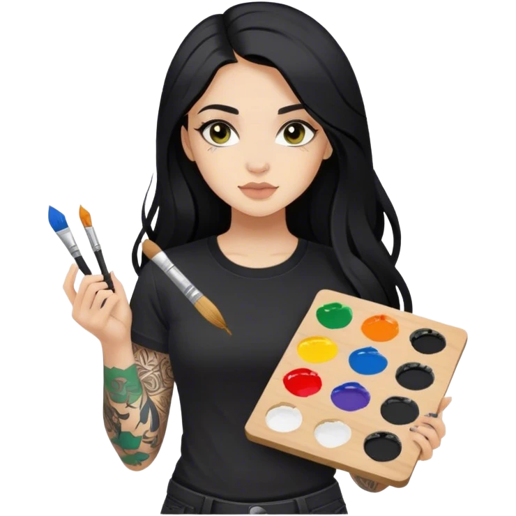 A girl with long black hair and hazel eyes and black tattoos on right arm holding a paint palette  wearing black shirt emoji