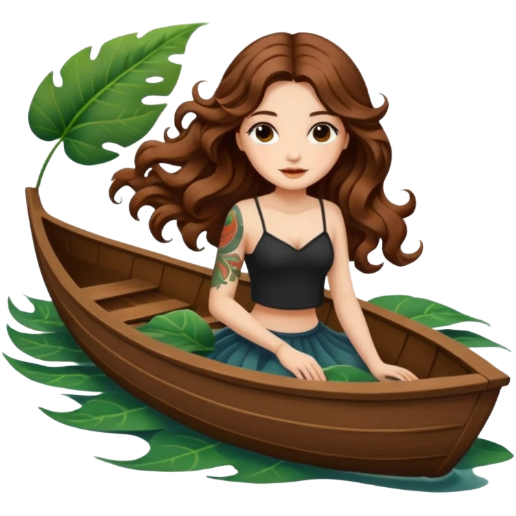 cute woman long wavy brown hair tattoos floating on leaf boat emoji