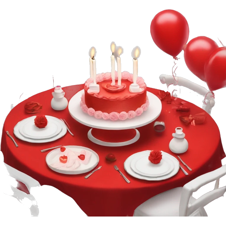 Red romantic party setting for two people and heart balloon  table with white cloth and candle with bows on the table and white Korean cake with black bows  emoji